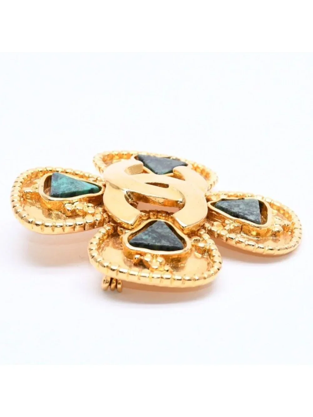 Chanel CC Logo Gripoix Brooch Clover Shape Color Stone Gold Green Metal Plated